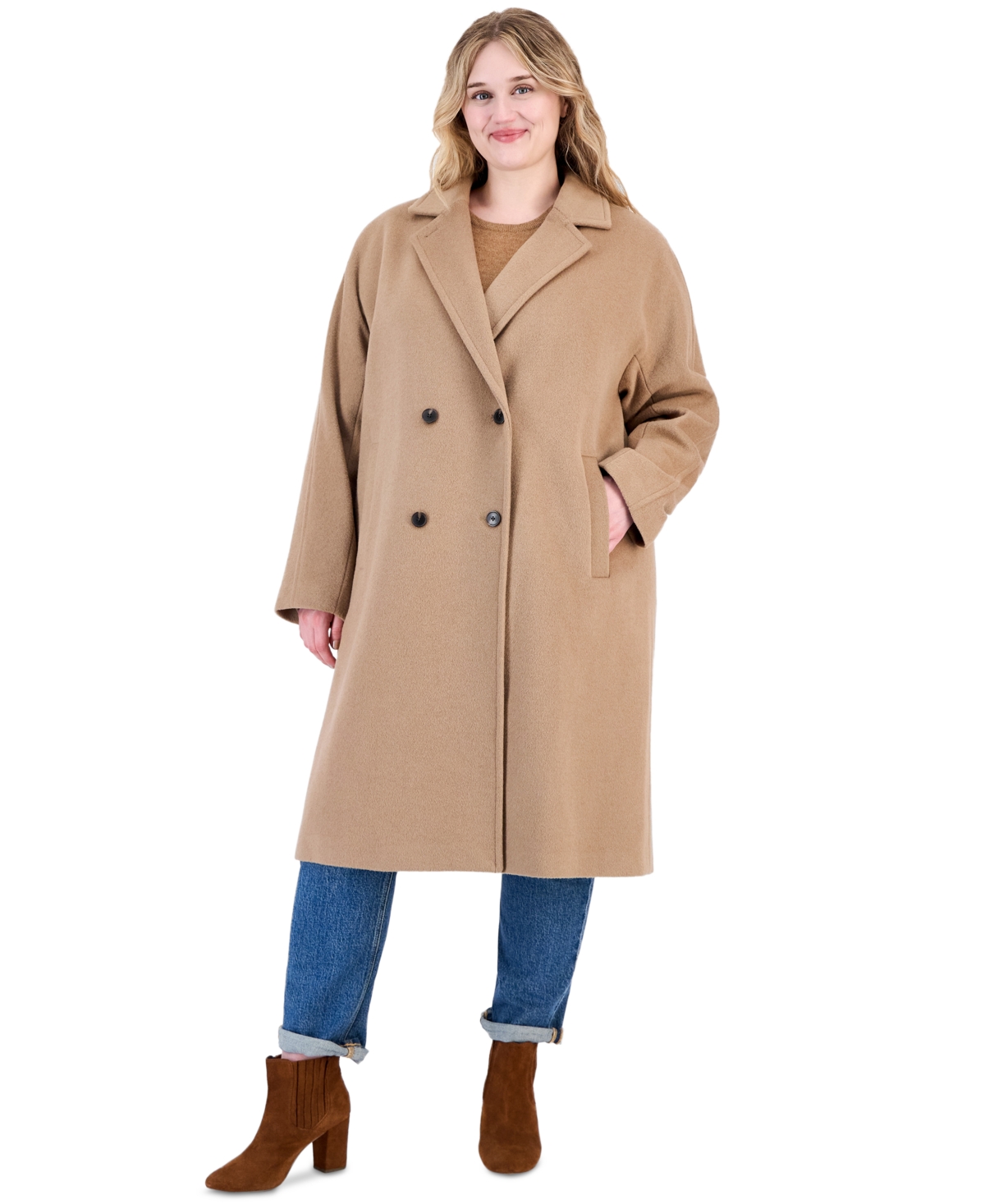Calvin Klein Plus Size Double-Breasted Wool-Blend Notch Collar Coat - Camel
