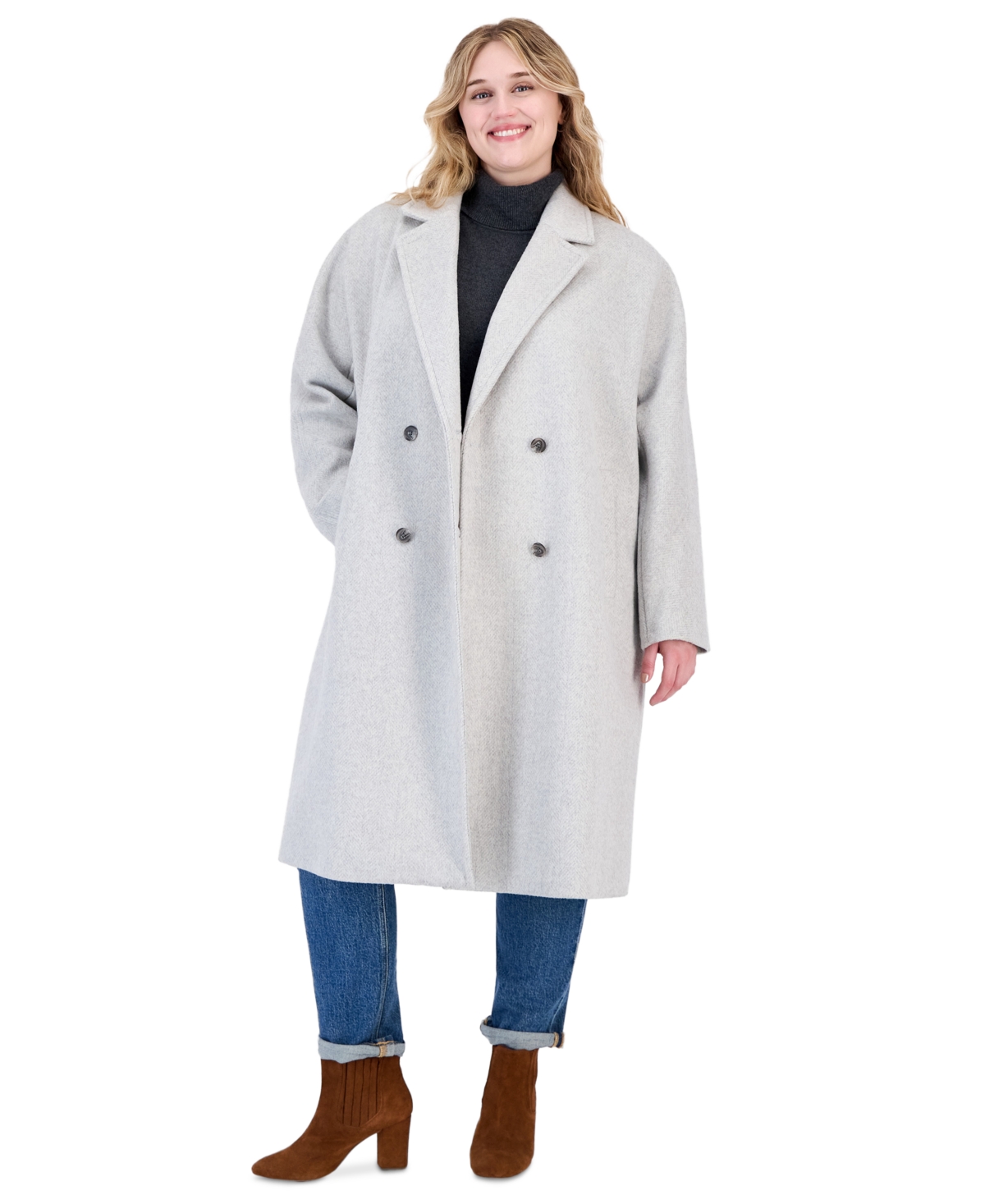 Calvin Klein Plus Size Double-Breasted Wool-Blend Notch Collar Coat - Lt Grey