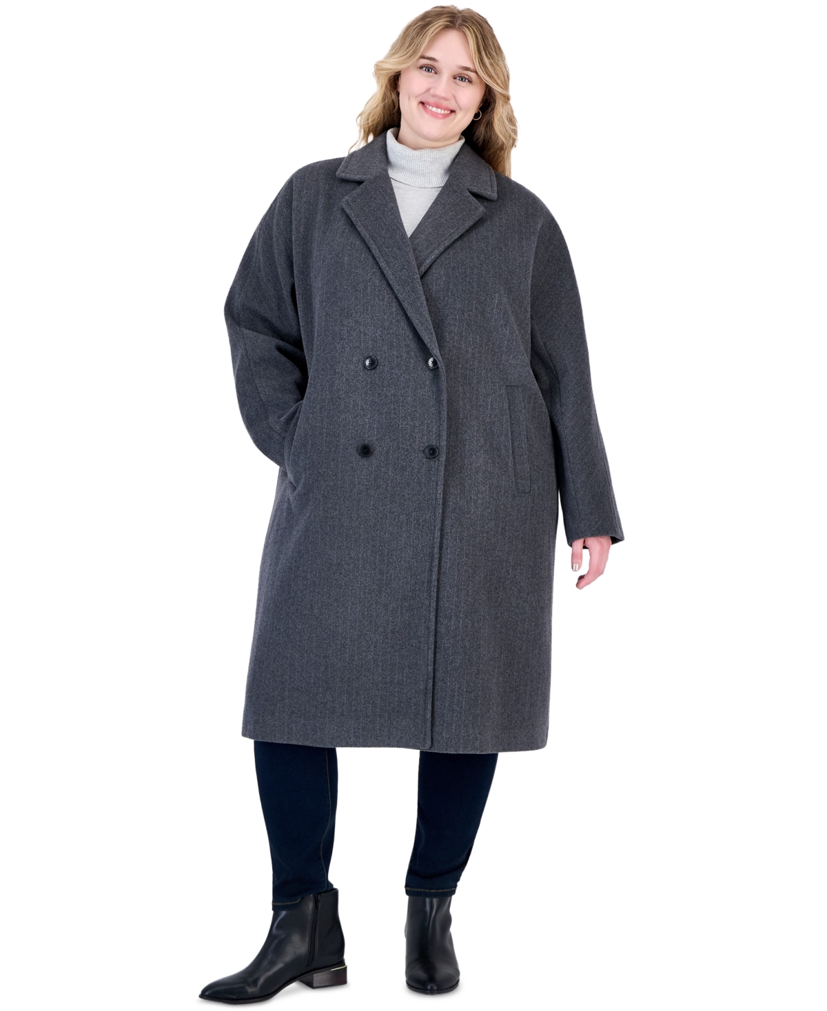 Calvin Klein Plus Size Double-Breasted Wool-Blend Notch Collar Coat - Grey With White Stripe