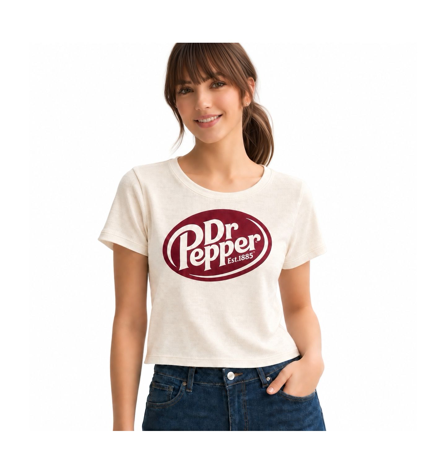 Женская футболка Grayson Threads, The Label Juniors' Dr Pepper Cropped Ribbed Baby Tee, цвет: Бежевый — фото 1