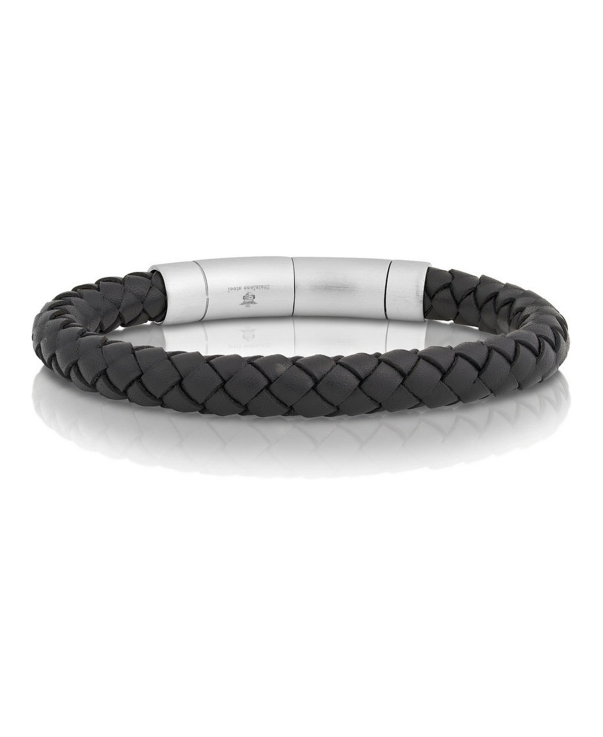 Metallo Men's Genuine Leather and Stainless Steel Braided Bracelet - Black  silver