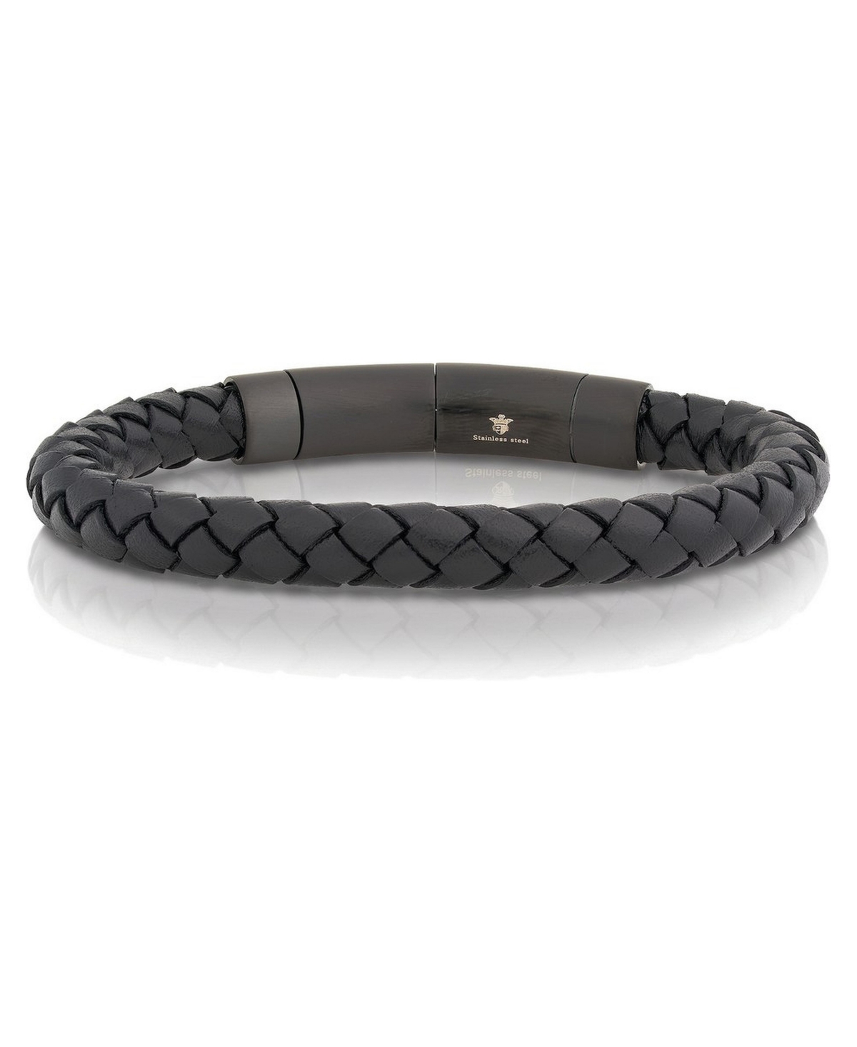 Metallo Men's Genuine Leather and Stainless Steel Braided Bracelet - Black