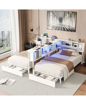 2 Twin Metal Platform Beds with LED Headboard Storage and 2 Drawers
