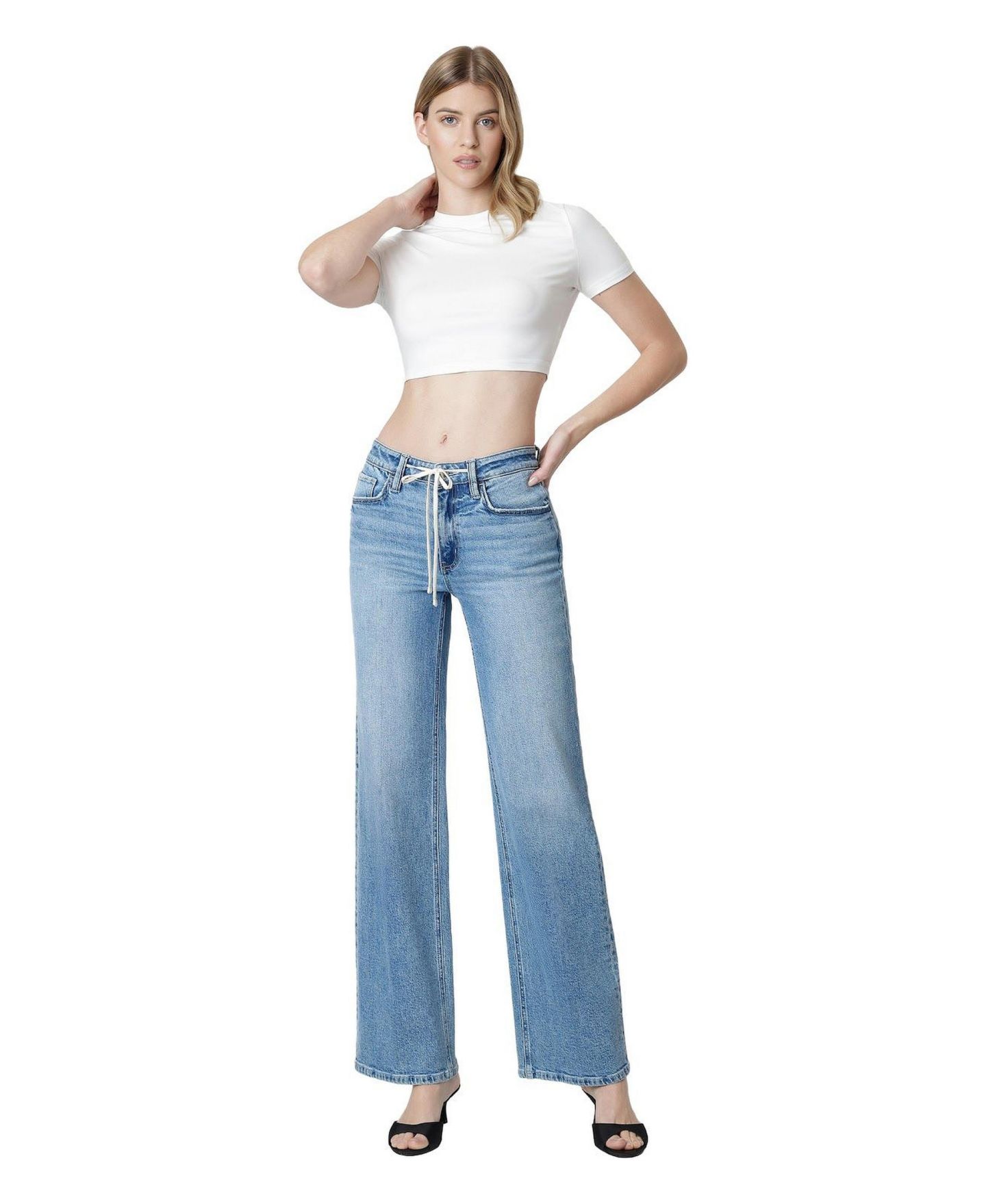 Женские джинсы Flying Monkey High-Rise Wide-Leg Drawstring Waist Tie, цвет: Синий — фото 3