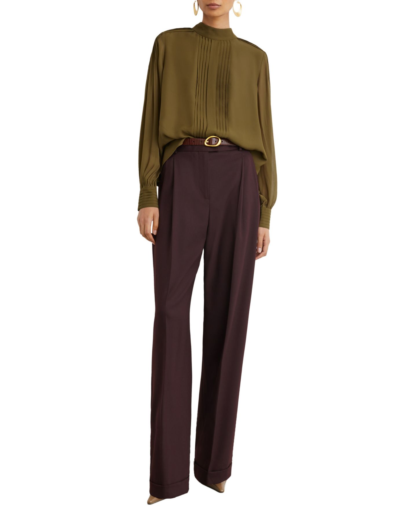 Женская блузка REISS Ottilie Long-Sleeve Mock-Neck Tie-Back, цвет: Хаки зелёный — фото 2