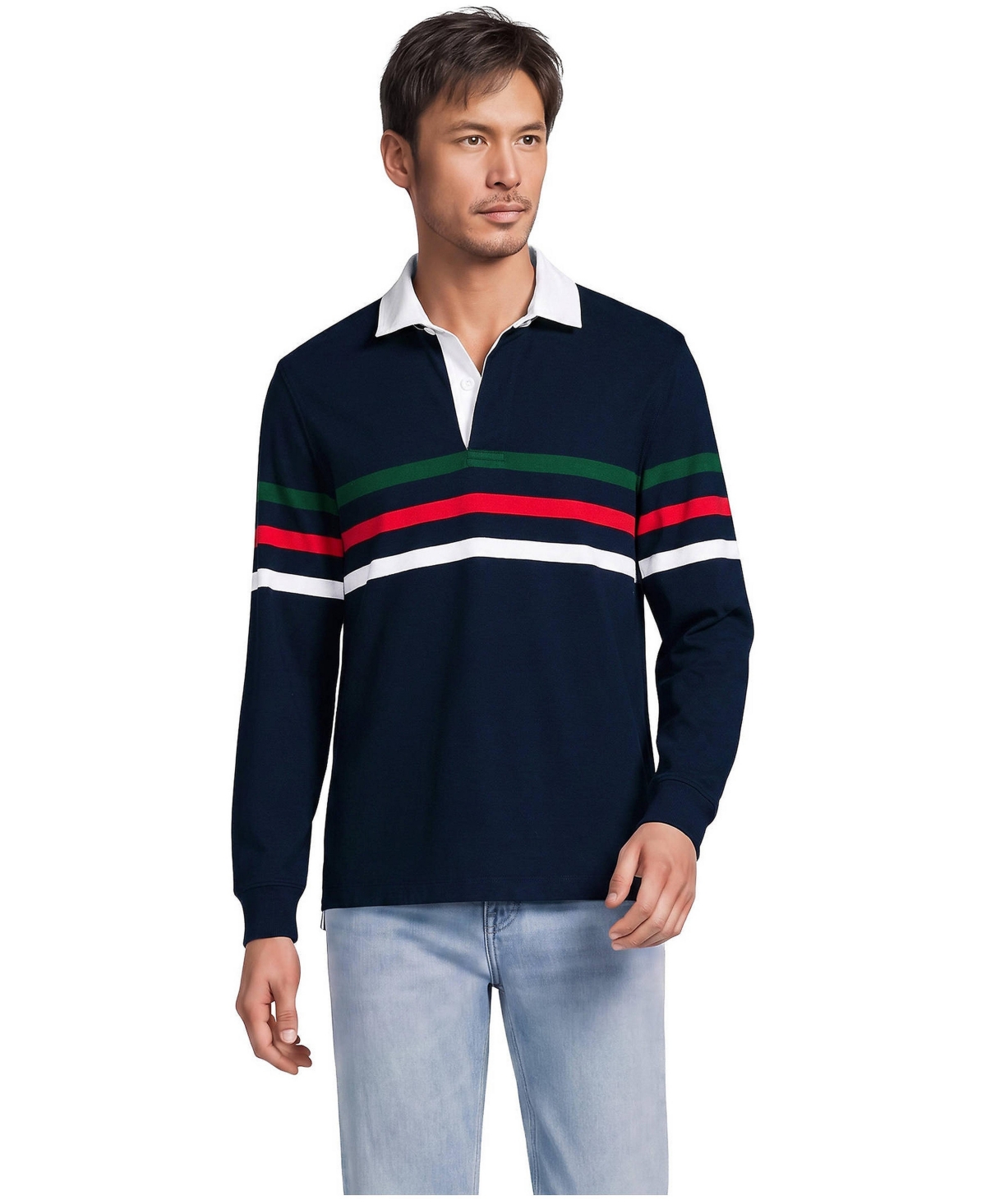 Lands' End Men's Long Sleeve Stripe Rugby Shirt - Red/white/radiant navy stripe