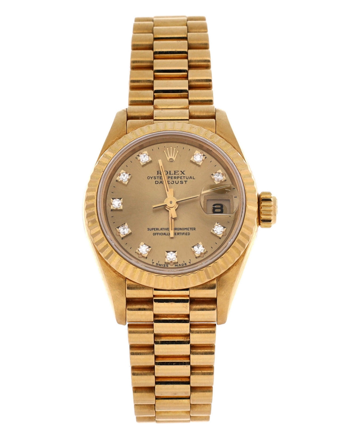 Pre-Owned Rolex Oyster Perpetual President Datejust Automatic Watch in Gold with Diamond Markers 26mm - Dial color: gold