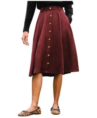 Women's Burgundy Suede Front Button Midi A-Line Skirt