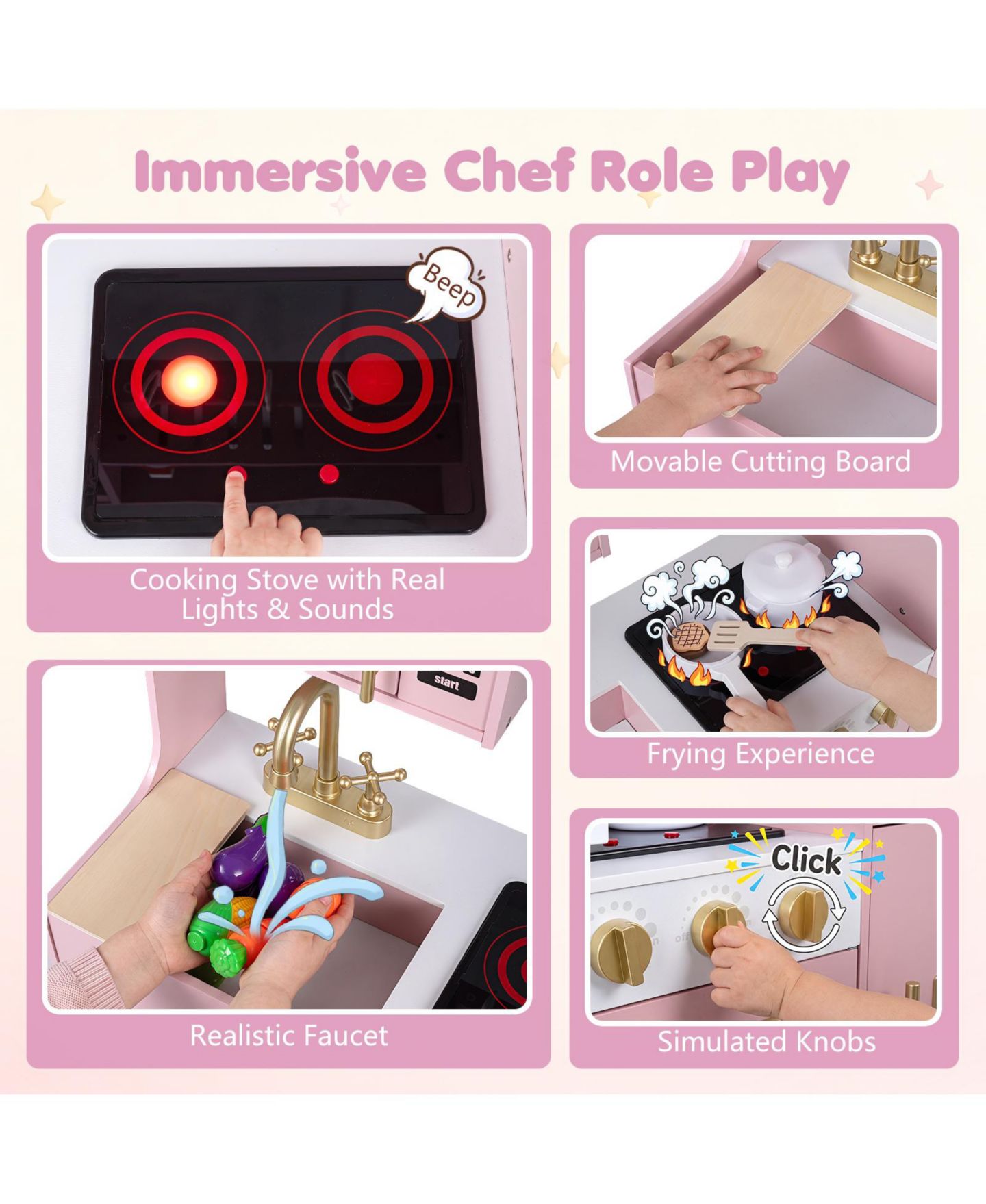 Детская игрушка Costway Wooden Play Kitchen with Realistic Lights and Sounds, от 3 лет, цвет: Розовый — фото 8