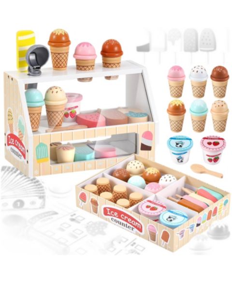 Детский игровой набор GNUADZ Ice Cream Shop Wooden 46-Piece Playset, Ages 3-6 Years, цвет: Бежевый