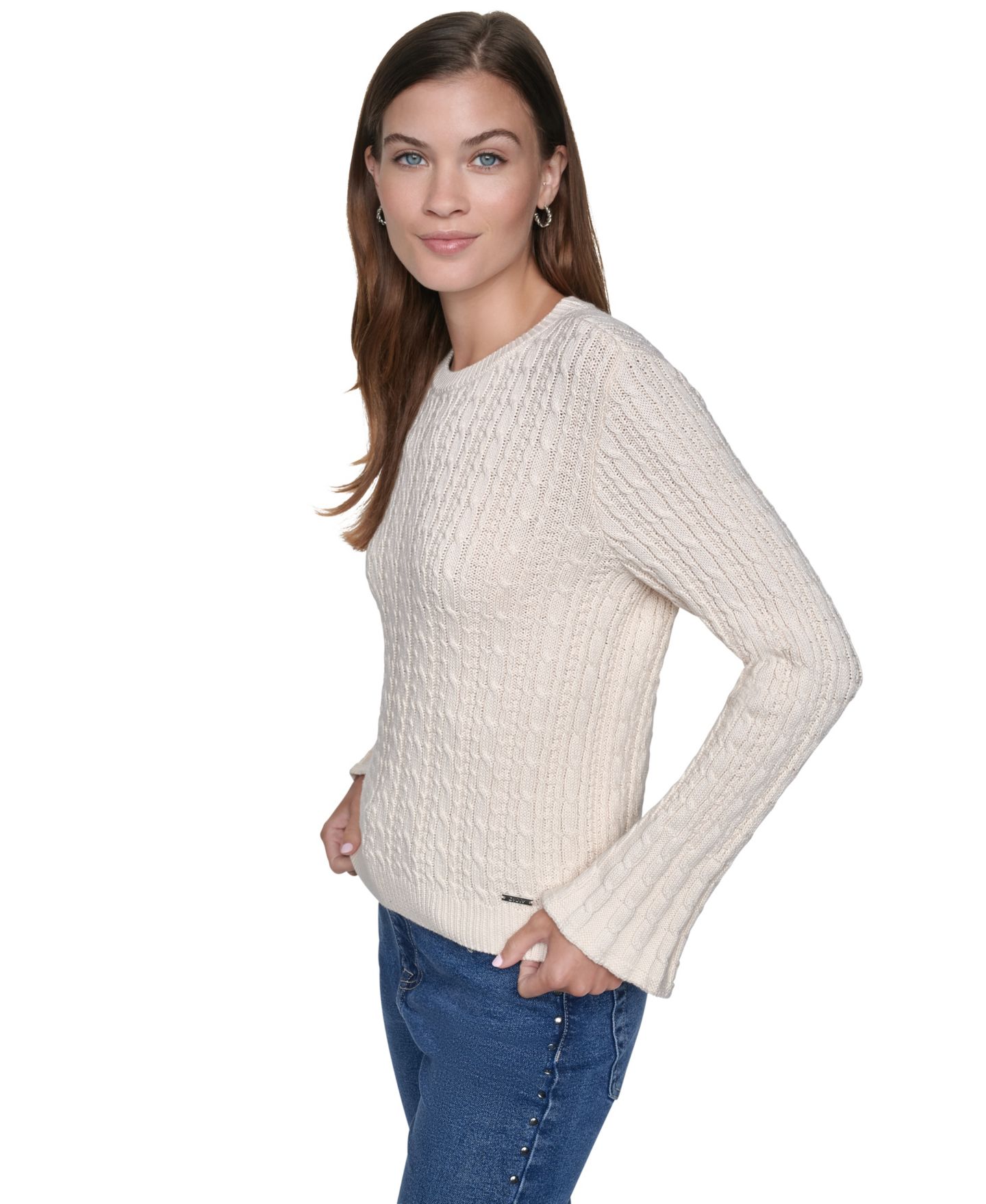 Женский свитер DKNY Jeans Petite Cable-Knit Ruffled-Cuff, цвет: Сливочный — фото 3