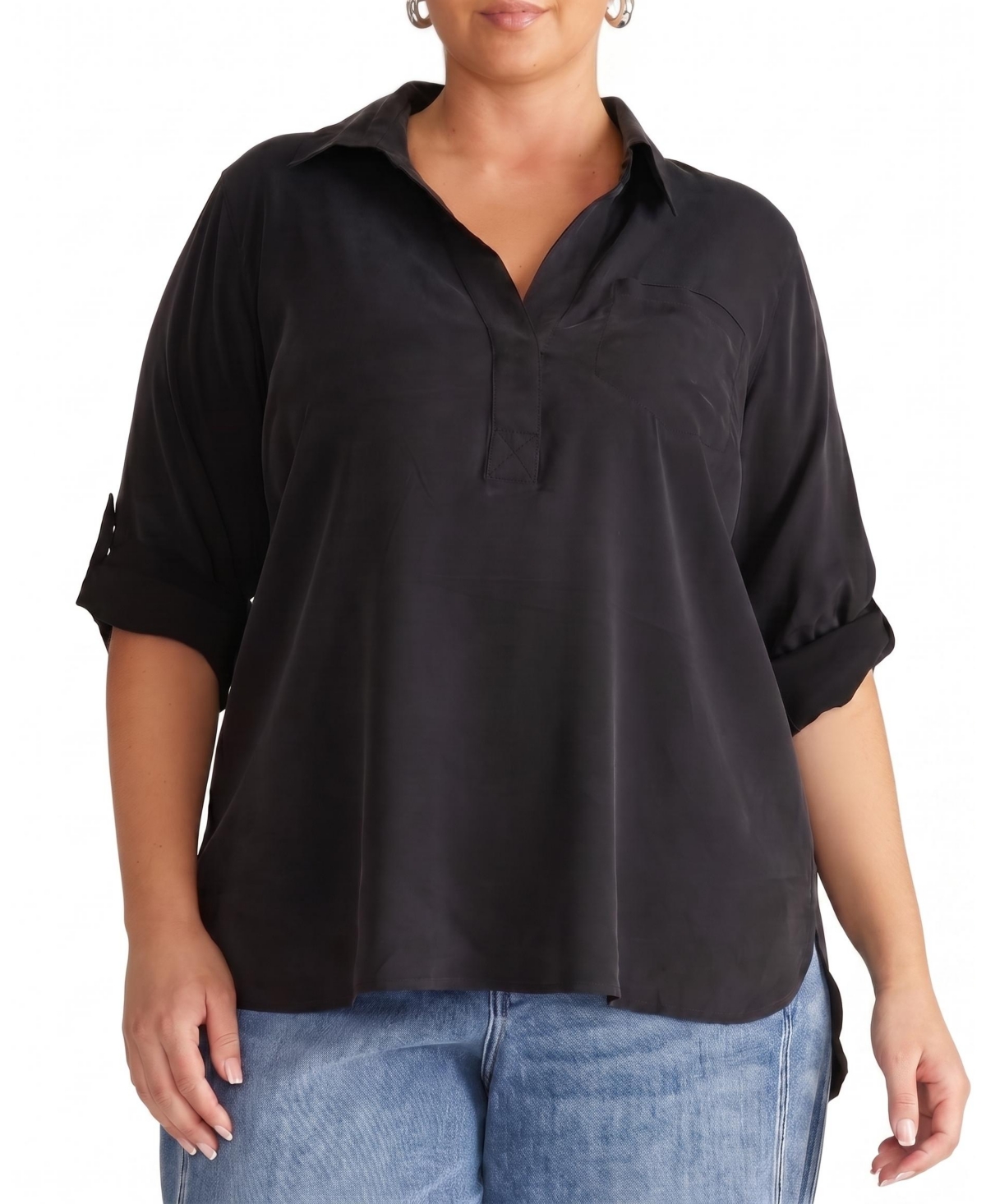 Universal Standard Plus Size Cupro-Blend Long-Sleeve Split V-Neck High-Low Polo Shirt - Black
