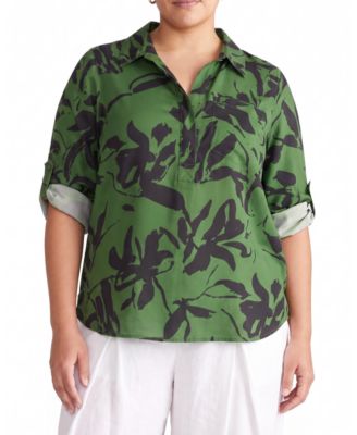 Plus Size Cupro-Blend Long-Sleeve Split V-Neck High-Low Polo Shirt