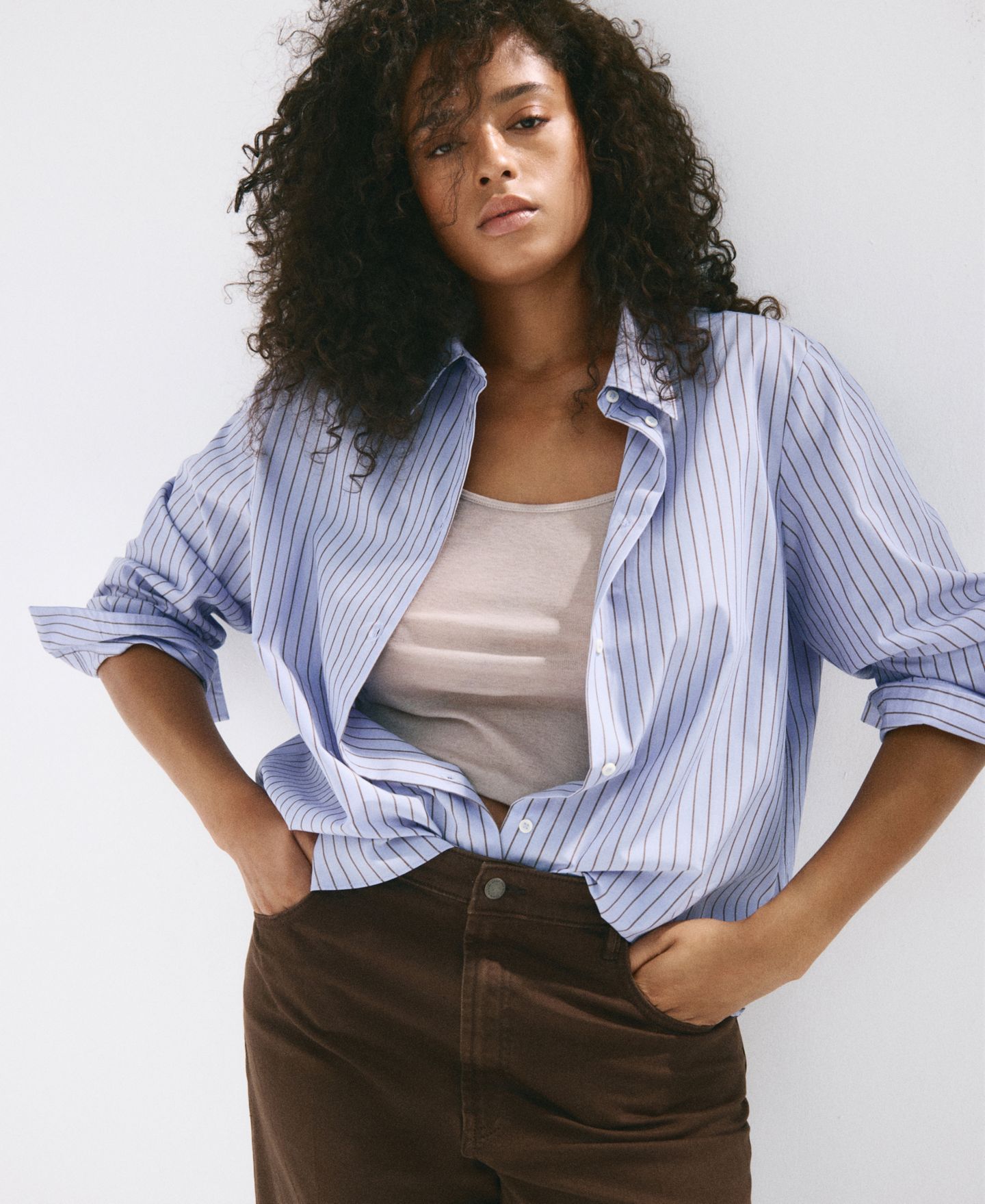 Женская рубашка Mango Pinstripe Button-Up, цвет: Синий — фото 7