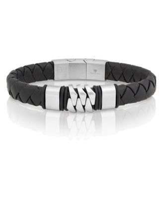 Men's Stainless Steel Genuine Black Leather Magnetic-Lock Bracelet