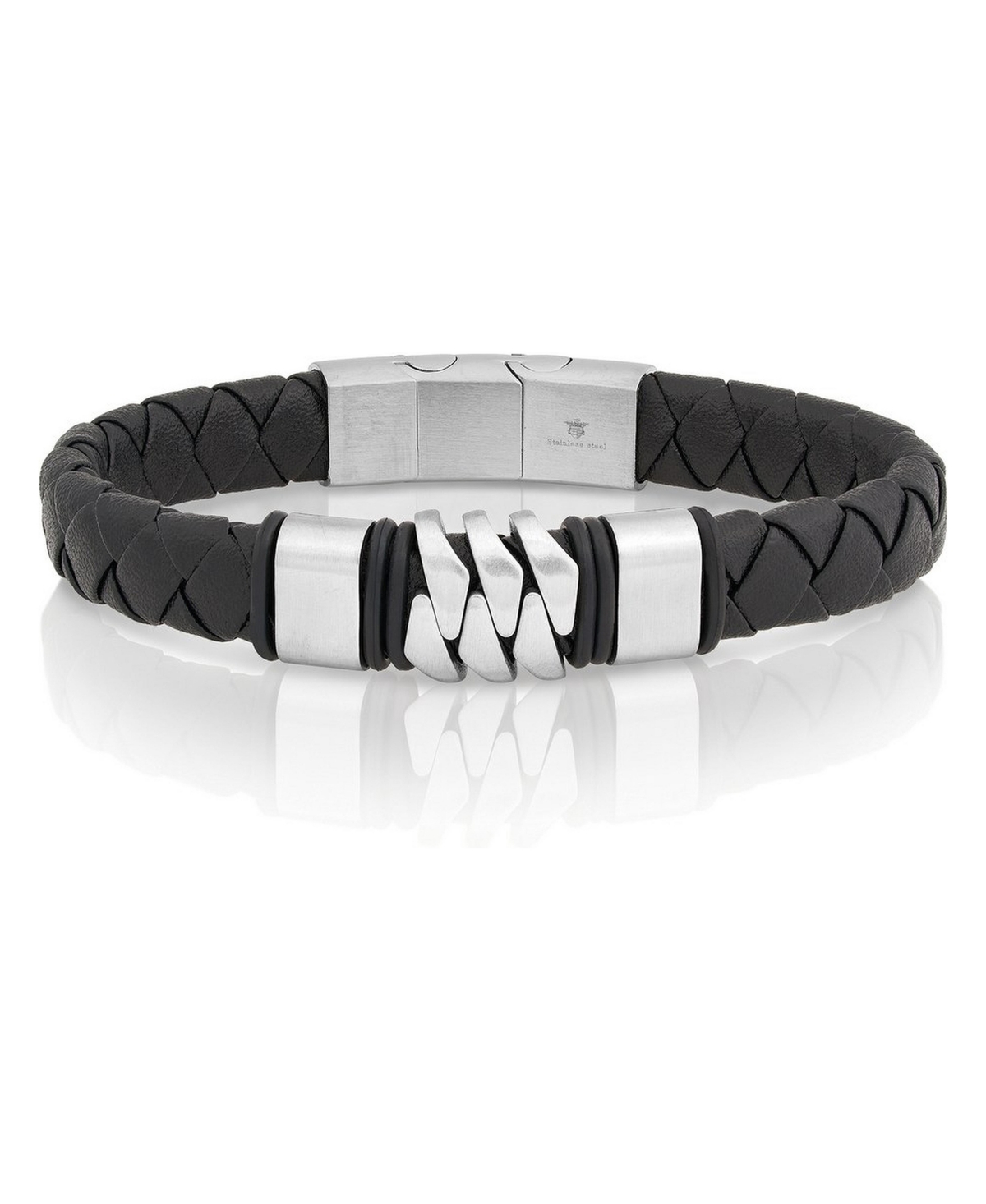 Metallo Men's Stainless Steel Genuine Black Leather Magnetic-Lock Bracelet - Black  silver