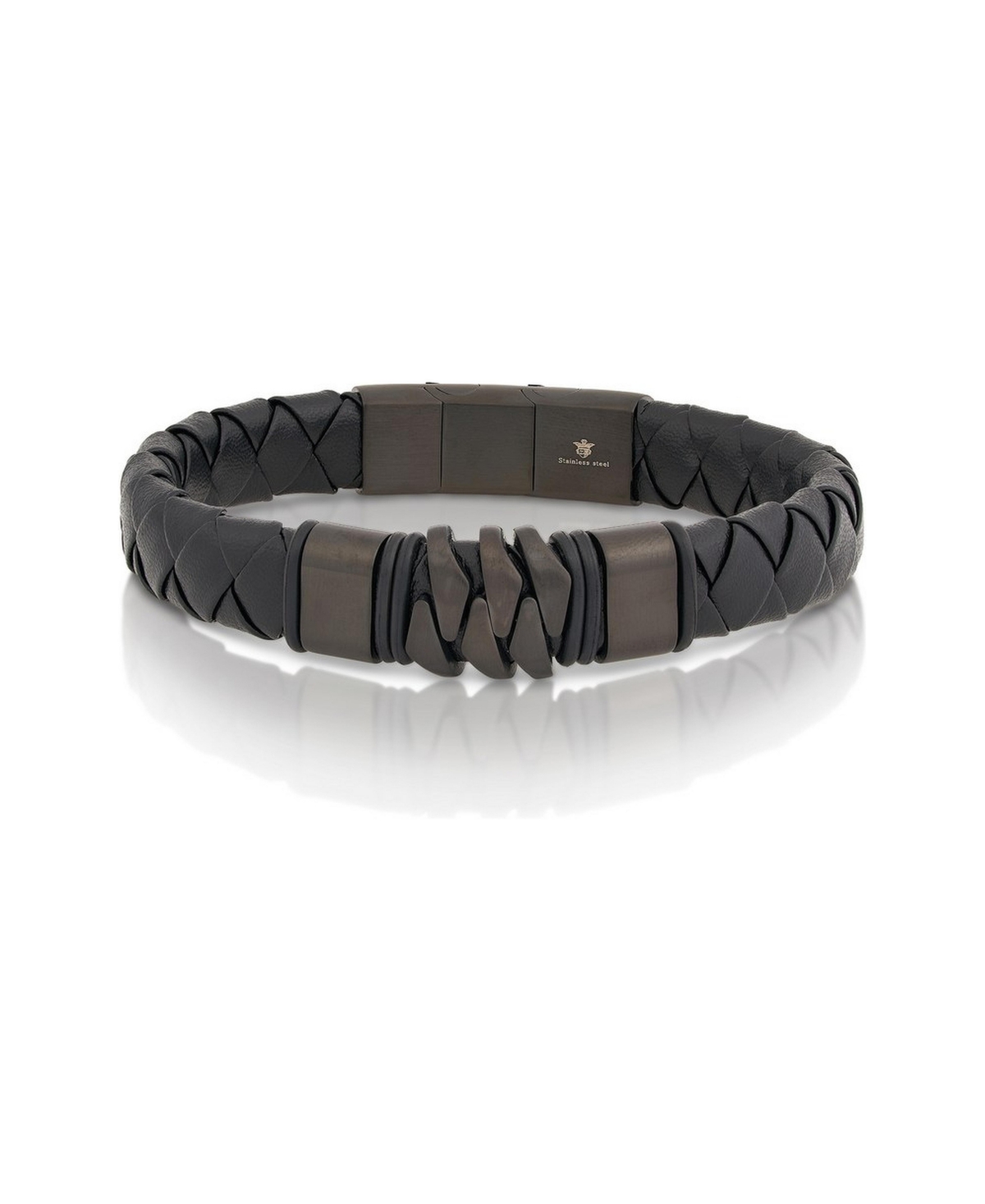 Metallo Men's Stainless Steel Genuine Black Leather Magnetic-Lock Bracelet - Black