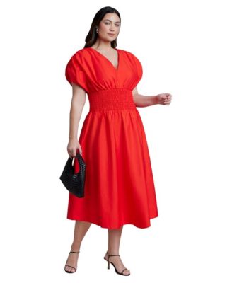 Plus Size V-Neck Flared Smocked Midi Dress