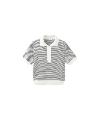 Women's Striped Fine-Knit Short-Sleeve Polo Neck Sweater