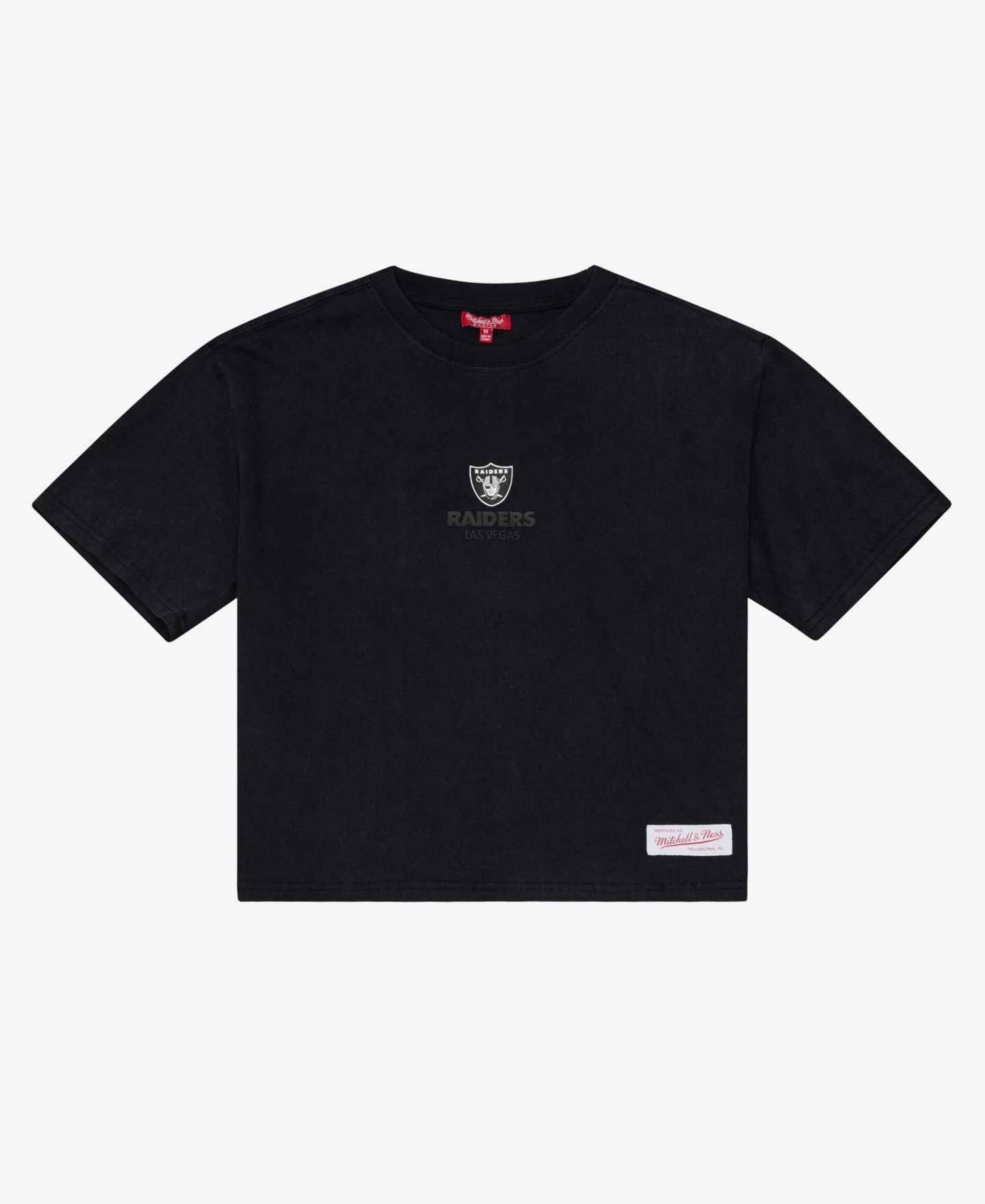 Женская футболка Mitchell & Ness Mitchell Ness Black Las Vegas Raiders Core Essentials Micro Logo Boxy Crop — фото 2