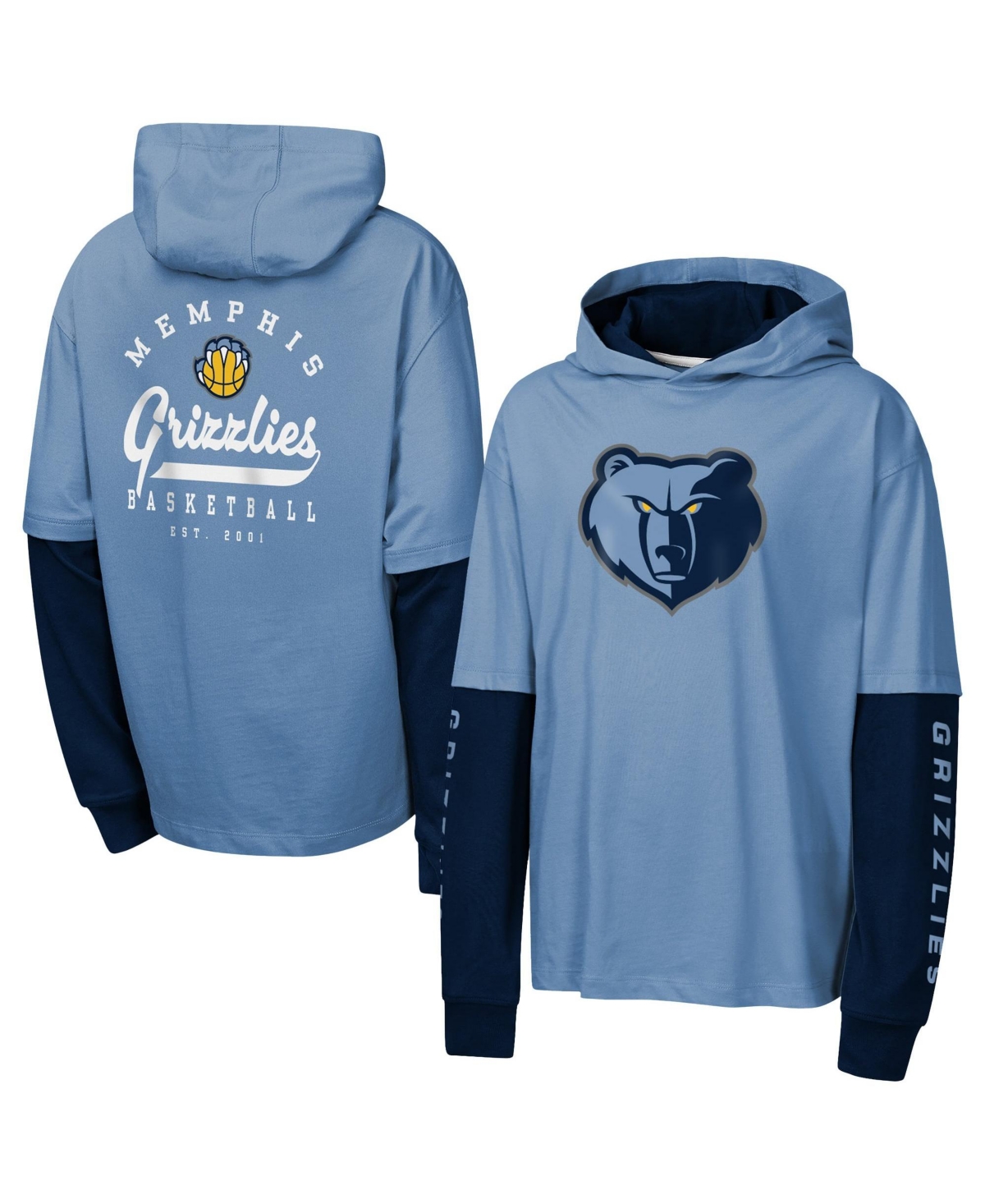 Outerstuff Big Boys' and Girls' Blue Memphis Grizzlies Double Nickel Oversized Faux 2fer Hooded T-Shirt - Blue