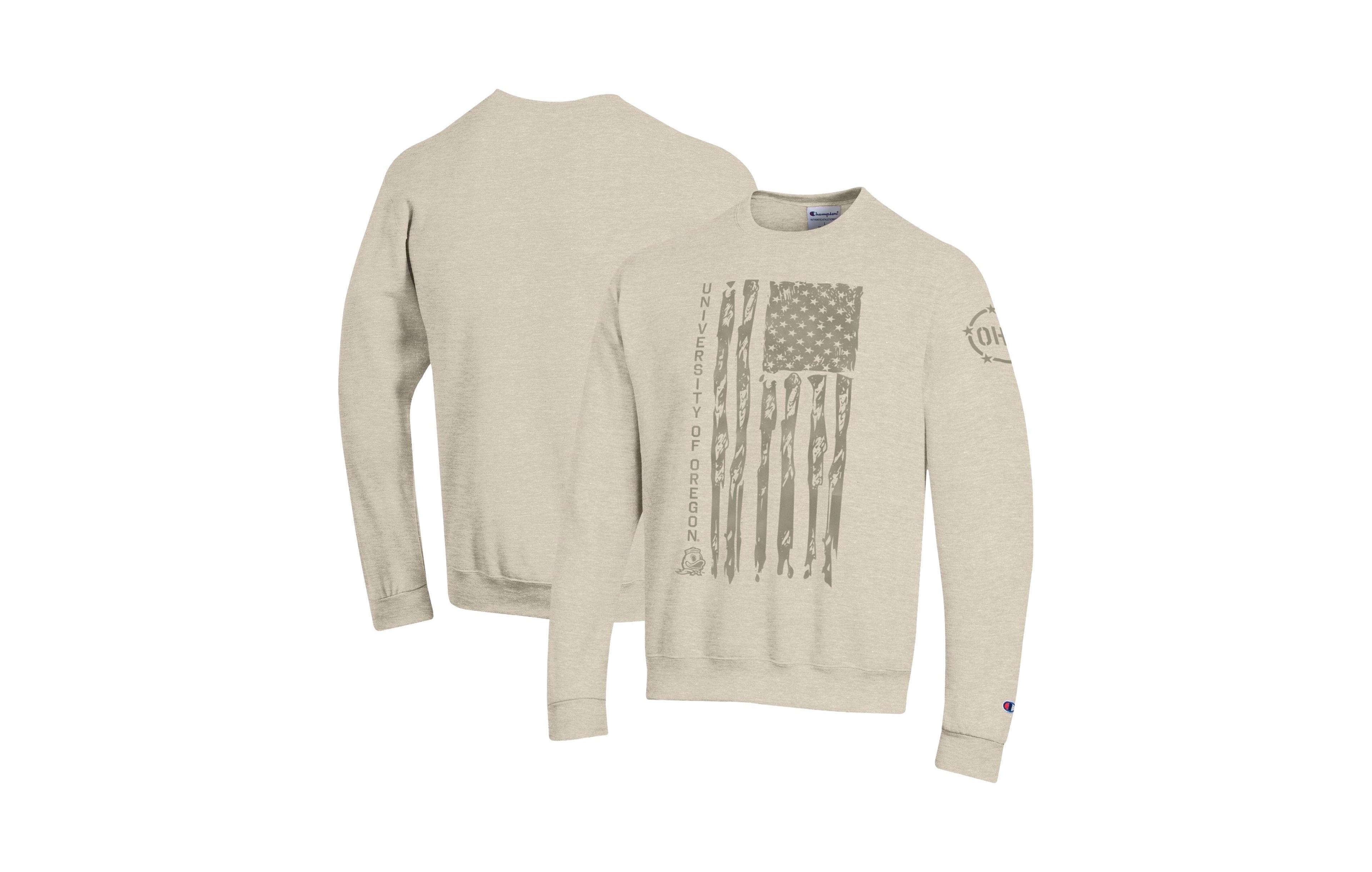 Champion Men's Oatmeal Oregon Ducks Operation Hat Trick Flag Fleece Crewneck Sweatshirt