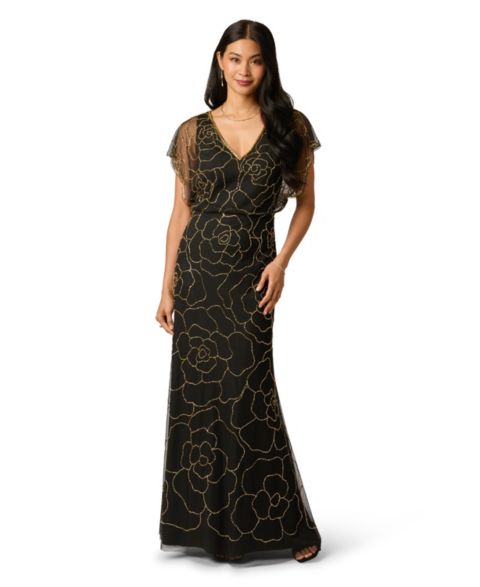 Женское платье Adrianna Papell Bead Blouson V-Neck Long, цвет: Чёрный золотой
