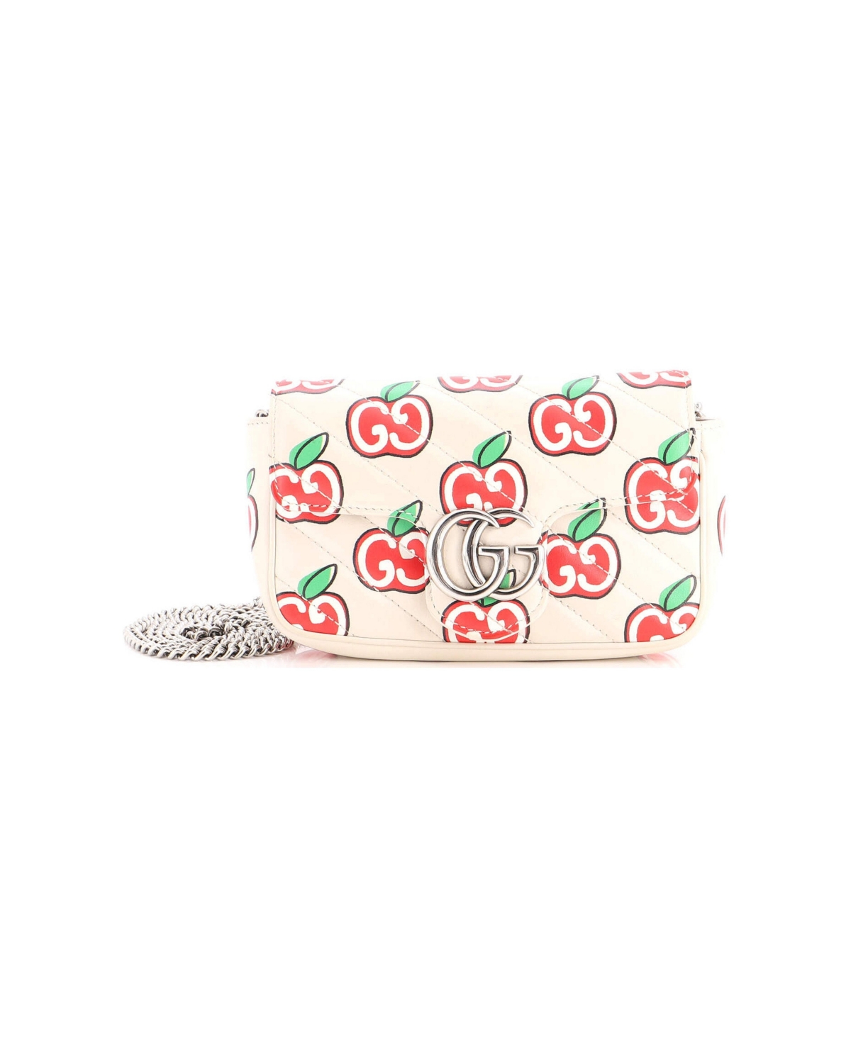Pre-Owned Gucci Super Mini Gg Marmont Flap Bag Printed Diagonal Quilted Leather - Natural
