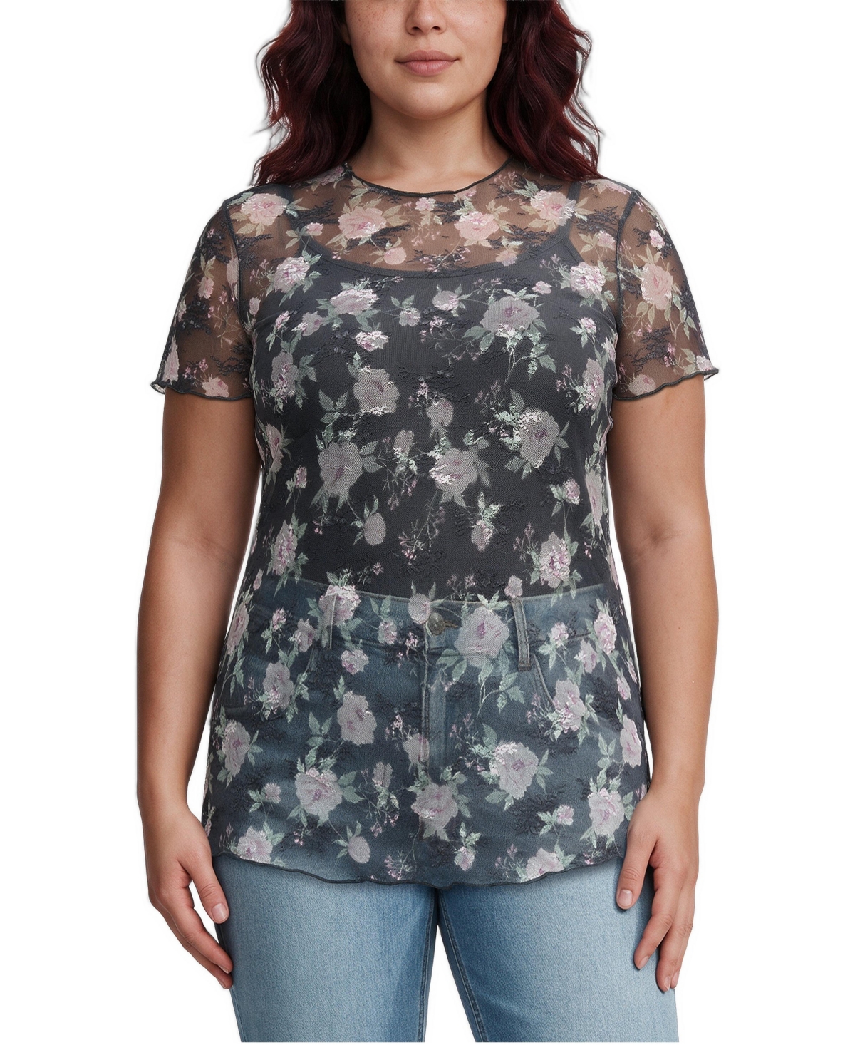 Torrid Plus Size Sheer Lace Floral Top - Nori floral grey