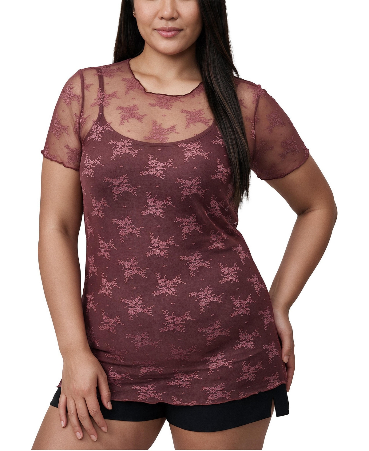 Torrid Plus Size Sheer Lace Floral Top - Wild ginger