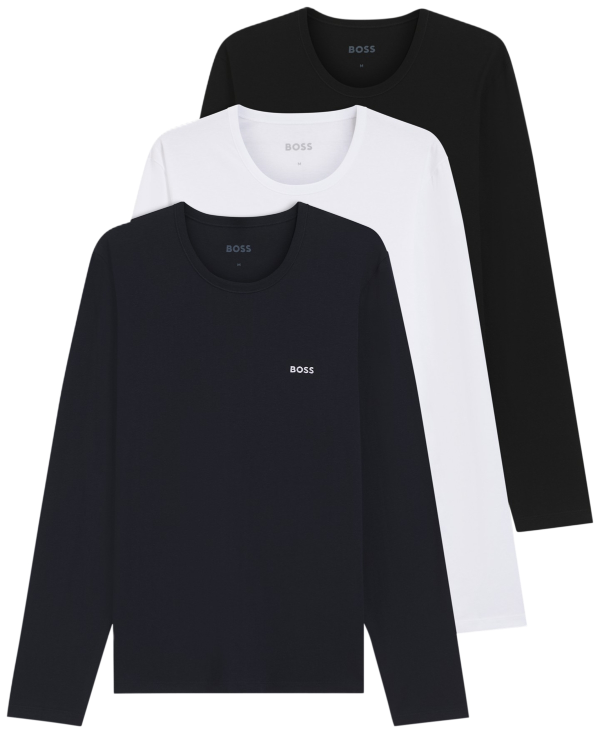 Boss by Hugo Boss Men's Long-Sleeve Crewneck Embroidered-Logo T-Shirts, 3-Pack - White/Navy/Black