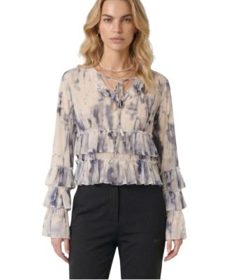 Women's Ruffle Tie-Neck Tiered Bell-Sleeve Blouse