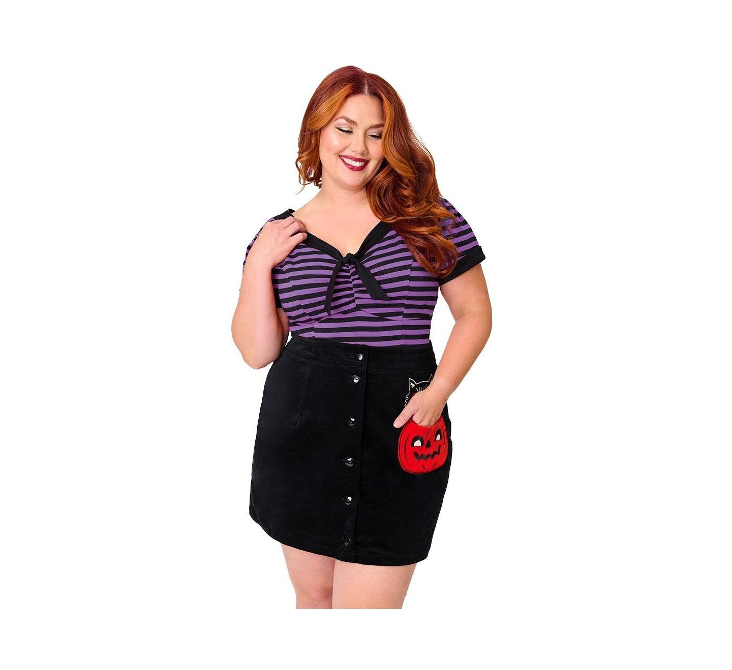 Женский топ Unique Vintage Plus Size V-Neck Bow Short-Sleeve, цвет: Фиолетовый / Чёрный — фото 4