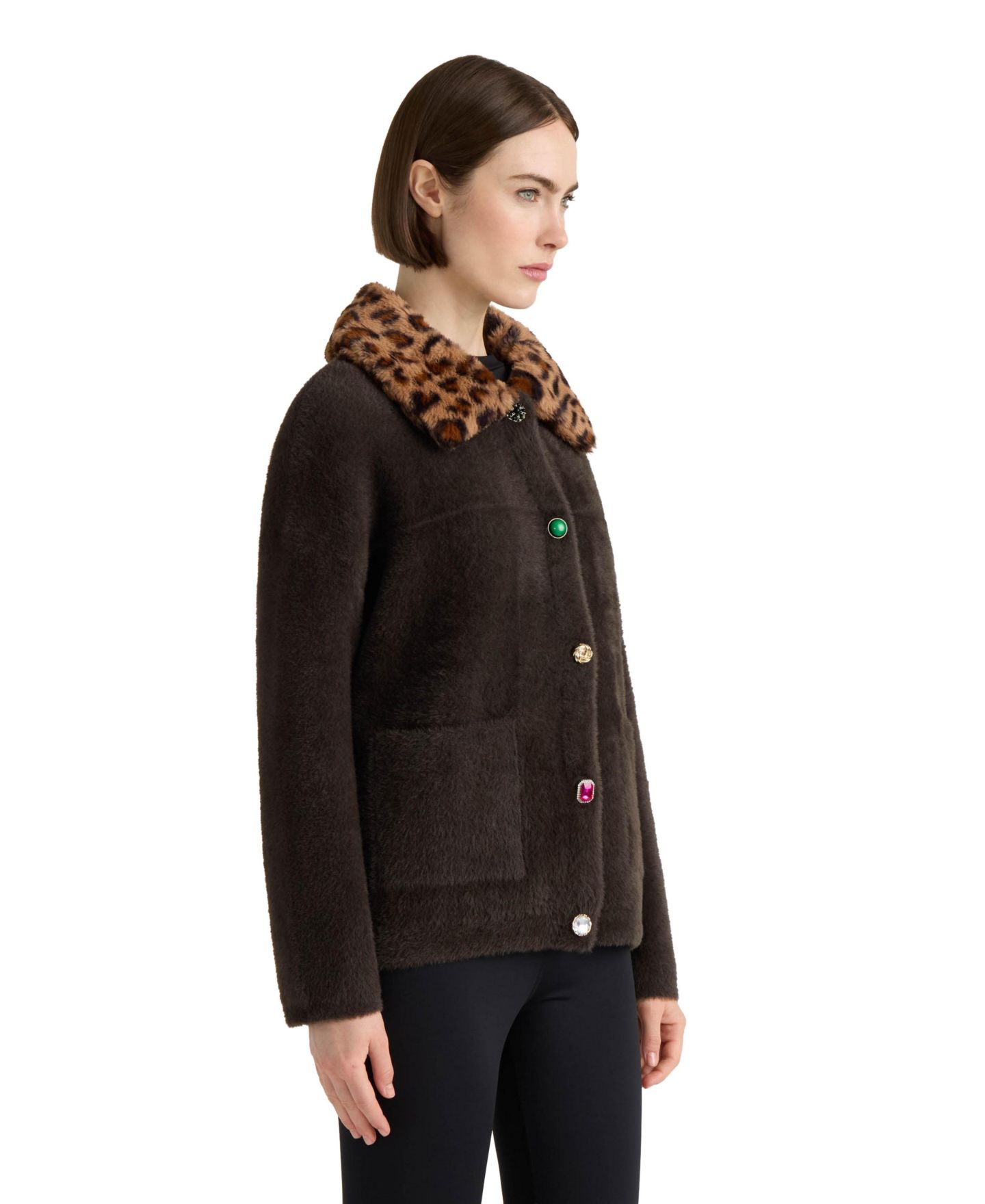 Женские куртки NVLT Eyelash Cropped Faux Fur Collar Coatigan, цвет: Тёмно-коричневый — фото 2