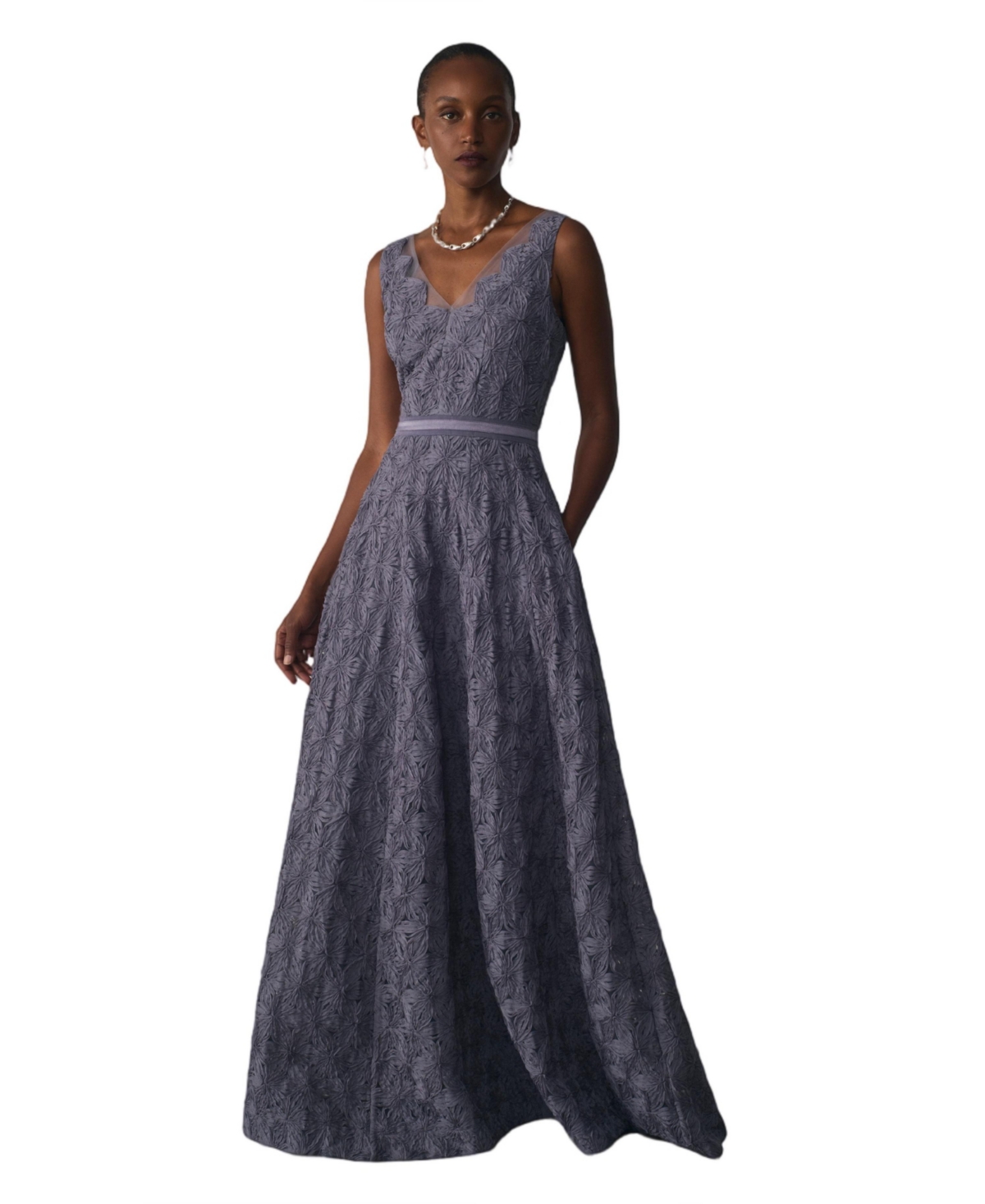 The Fold Women's Lorenne V-Neck Sleeveless Floral-Print Lace Maxi Gown - Grey