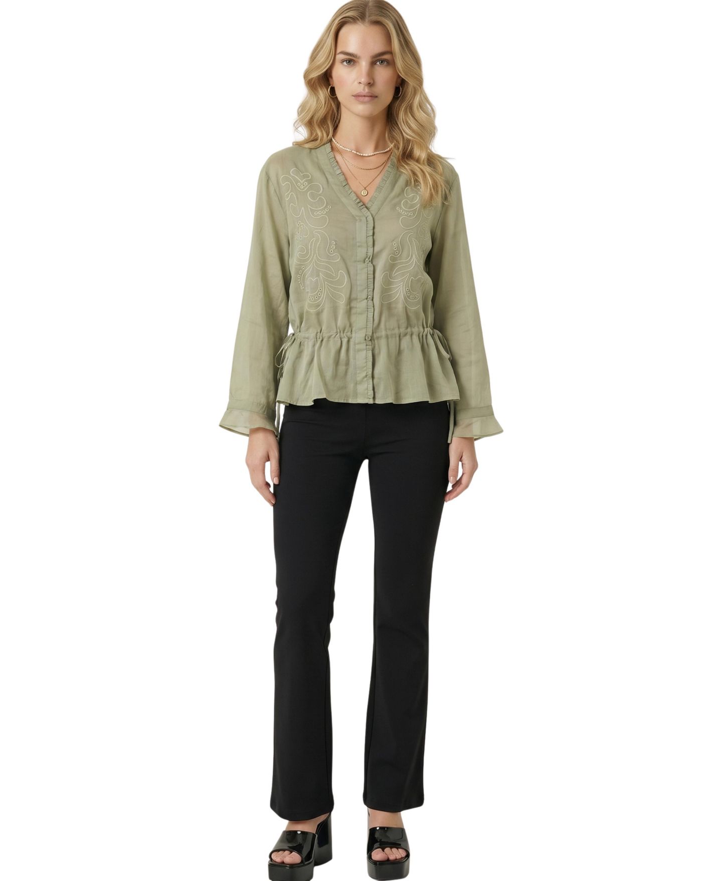 Женская блузка Modenaire Tonal Floral Embroidery Ruffle-Trim V-Neck Peplum — фото 6