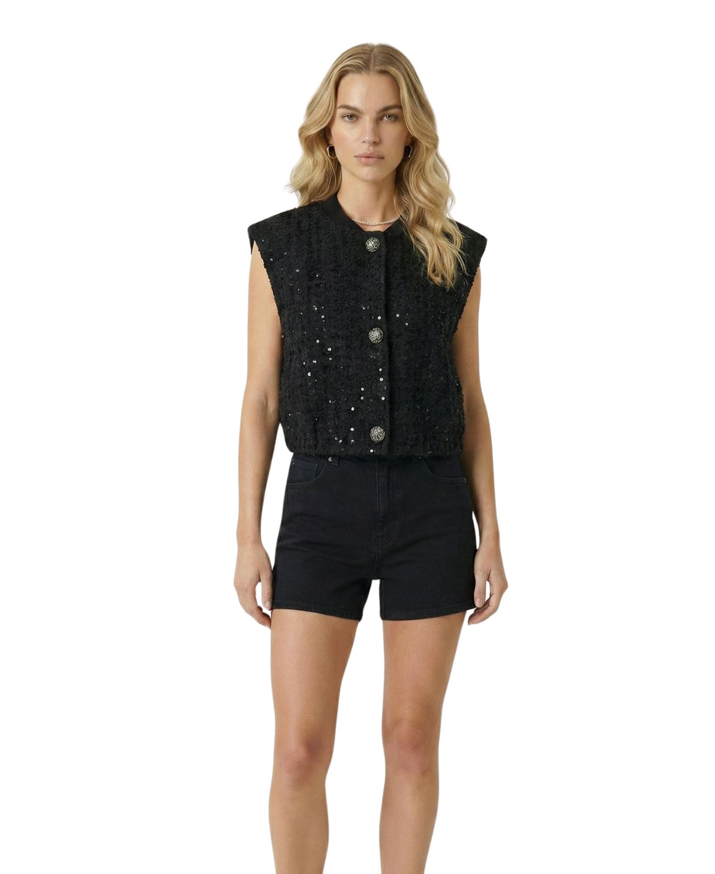 Женский жилет Modenaire Sequin Button-Front Structured, цвет: Чёрный — фото 6