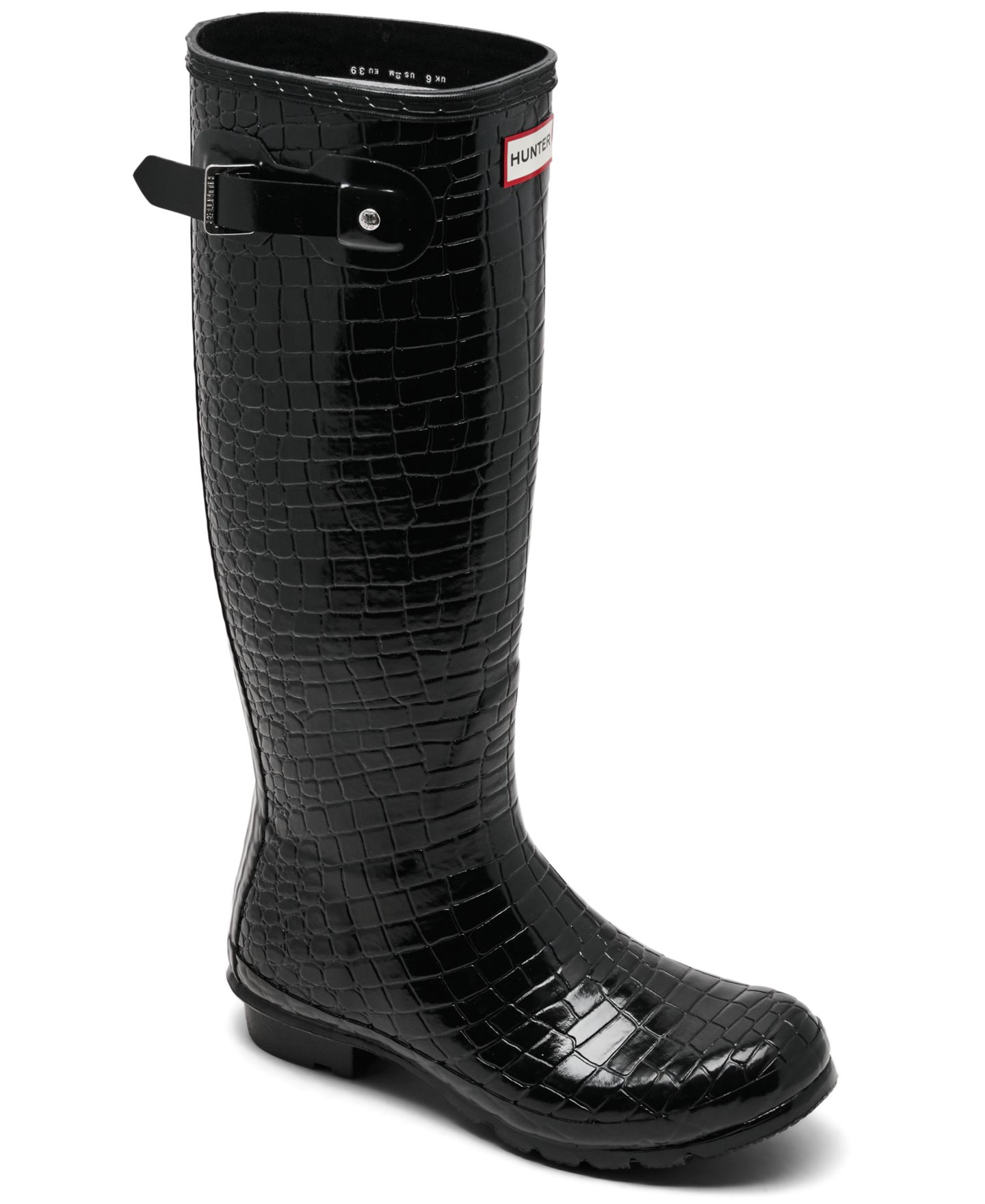 Женские ботинки Hunter Original Tall Gloss Crocodile Waterproof Rain, цвет: Чёрный с принтом — фото 1