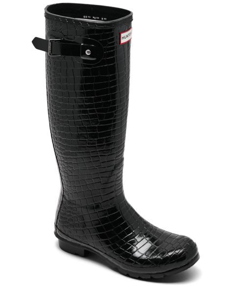 Женские ботинки Hunter Original Tall Gloss Crocodile Waterproof Rain, цвет: Чёрный с принтом