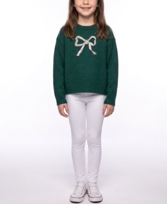 Girls' 7-16 Embroidered-Bow Crewneck Long-Sleeve Sweater