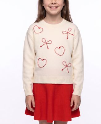 Girls' 7-16 Bow Heart Soutache Long-Sleeve Sweater