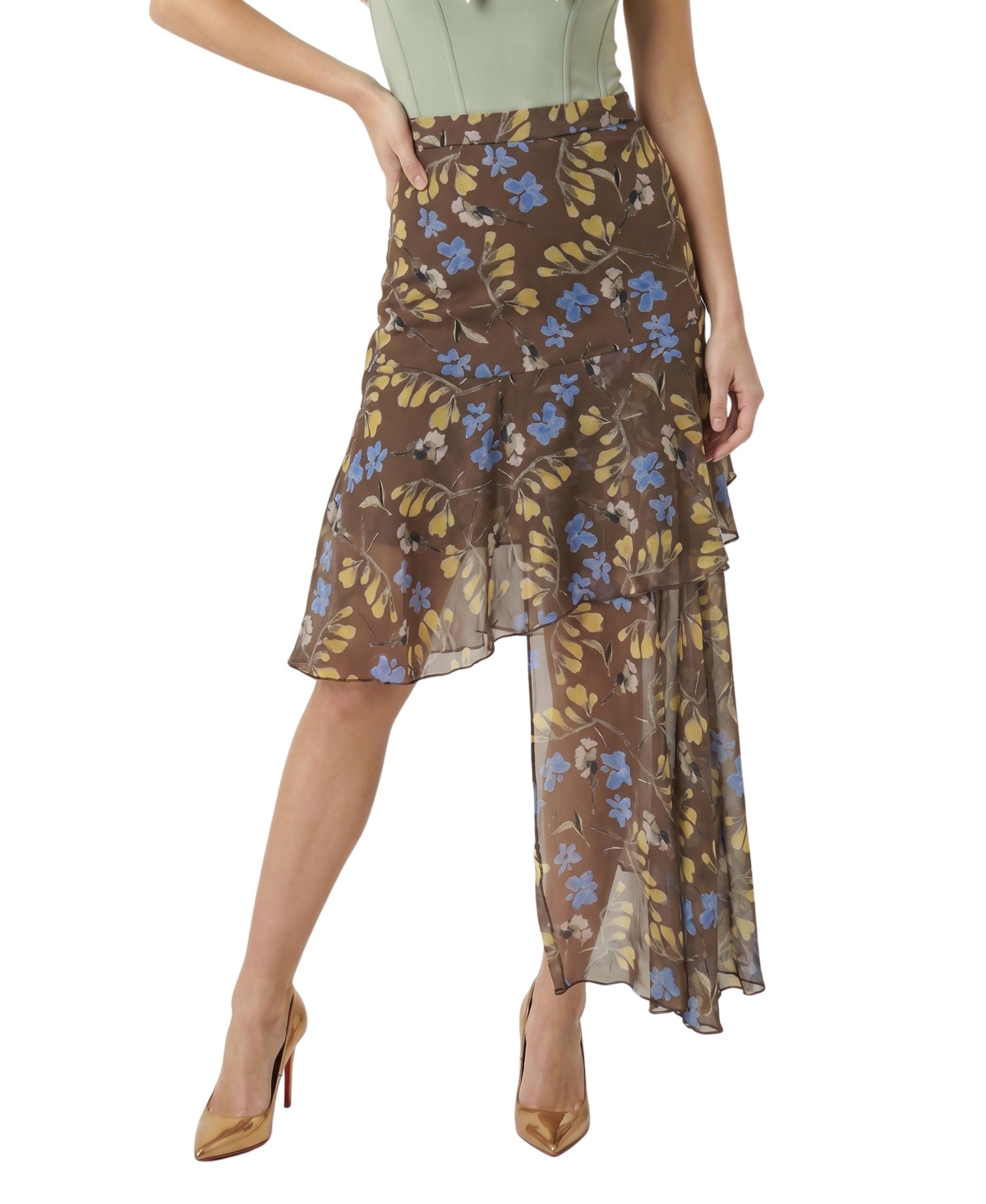 Modenaire Women's Asymmetric Floral-Print Sheer Midi Skirt - Brown