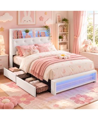 Upholstered Platform Bed Frame With Tufted Headboard And Under-Bed Storage Drawers, Sturdy Slat Support