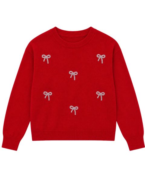 Свитер With Jules Long-Sleeve Rhinestone Bow Crewneck для девочек, цвет: Красный