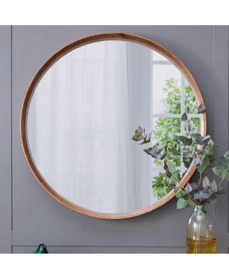 39.4" Round Wood Wall Mirror Solid Pine Frame Decorative Accent Mirror