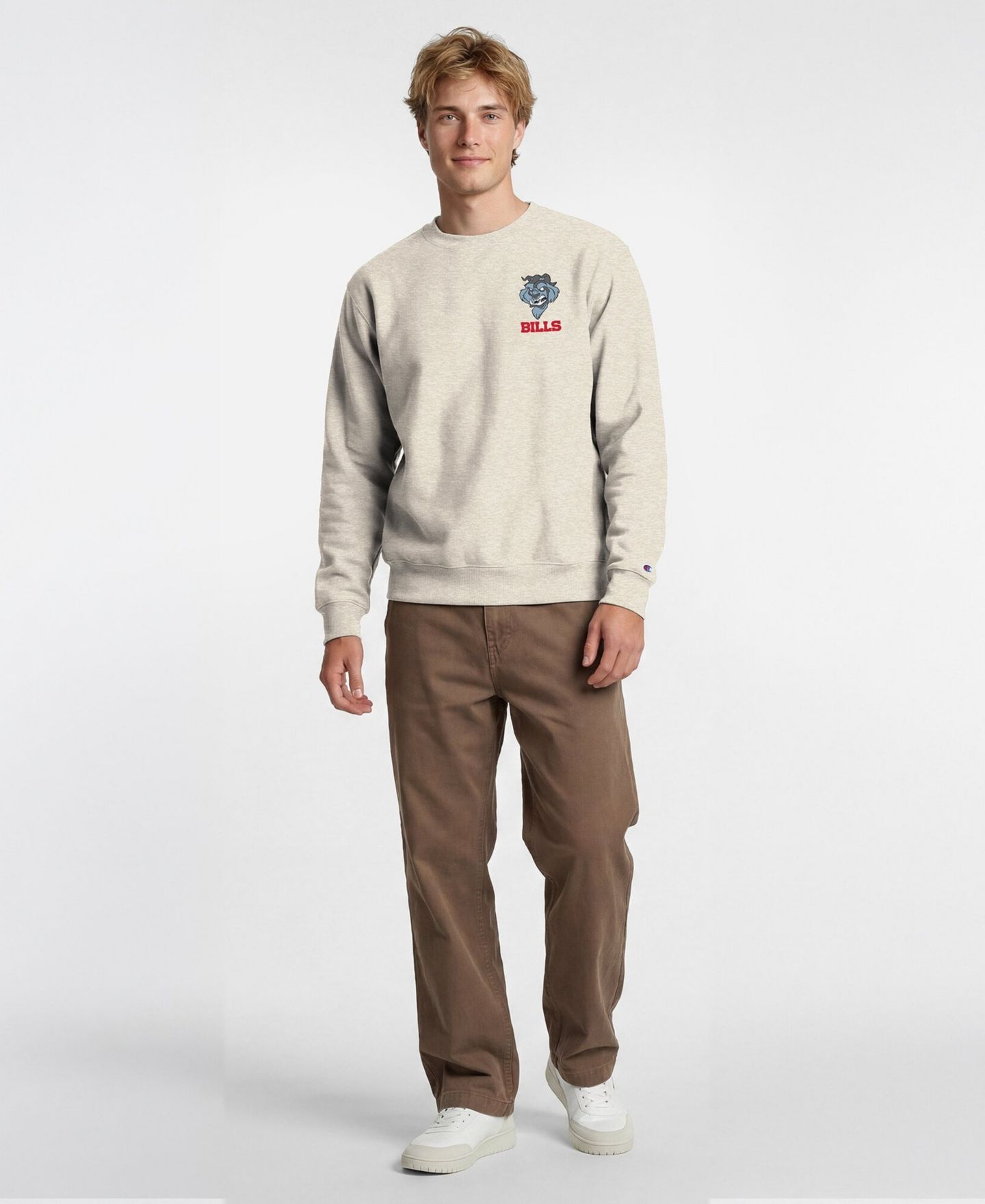 Мужская толстовка Champion Disney x Oatmeal Buffalo Bills Power blend Left Chest Fullback Crew — фото 2
