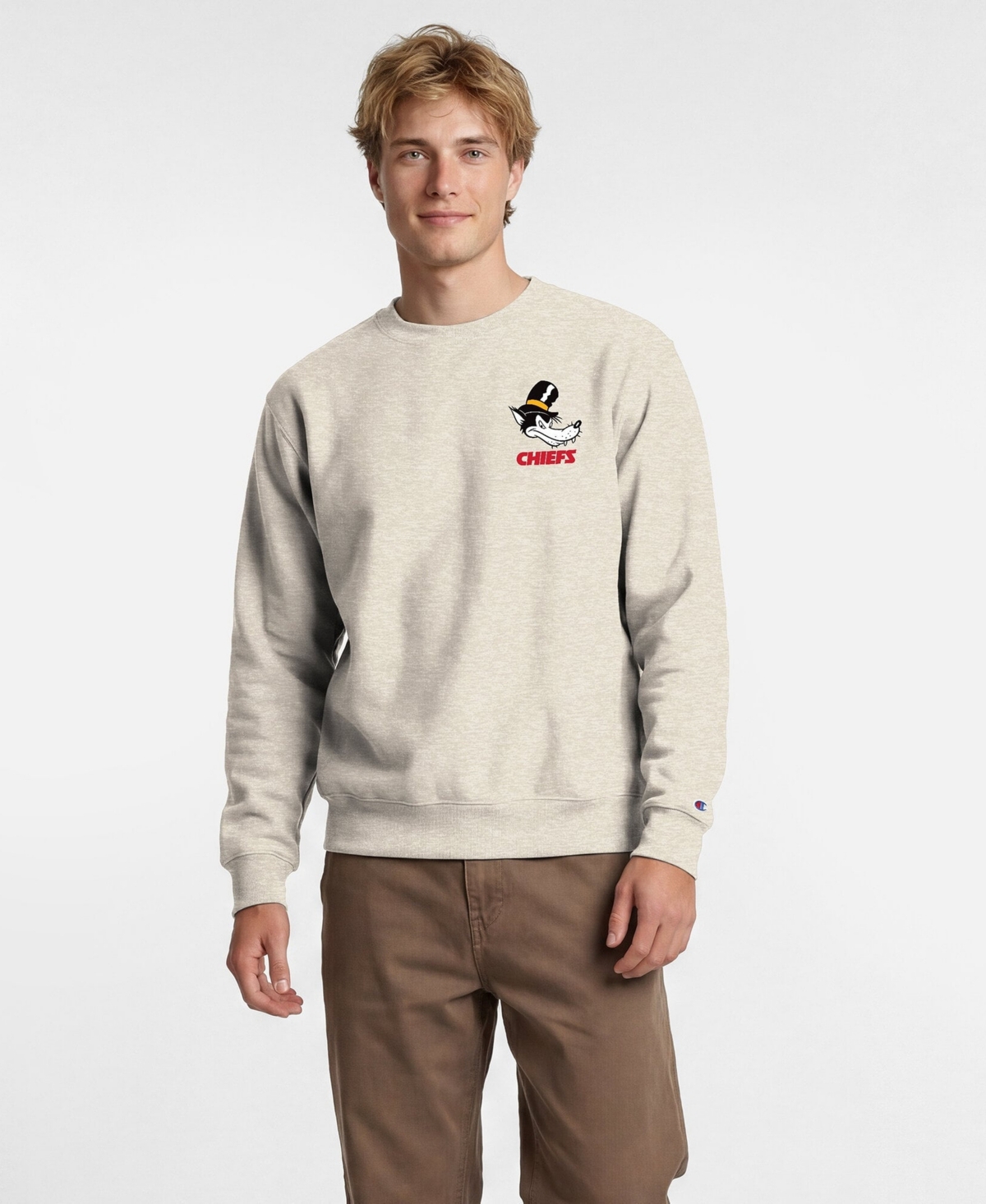 Champion Men's Disney x Oatmeal Kansas City Chiefs Power blend Left Chest Fullback Crew Sweatshirt - Oatmeal