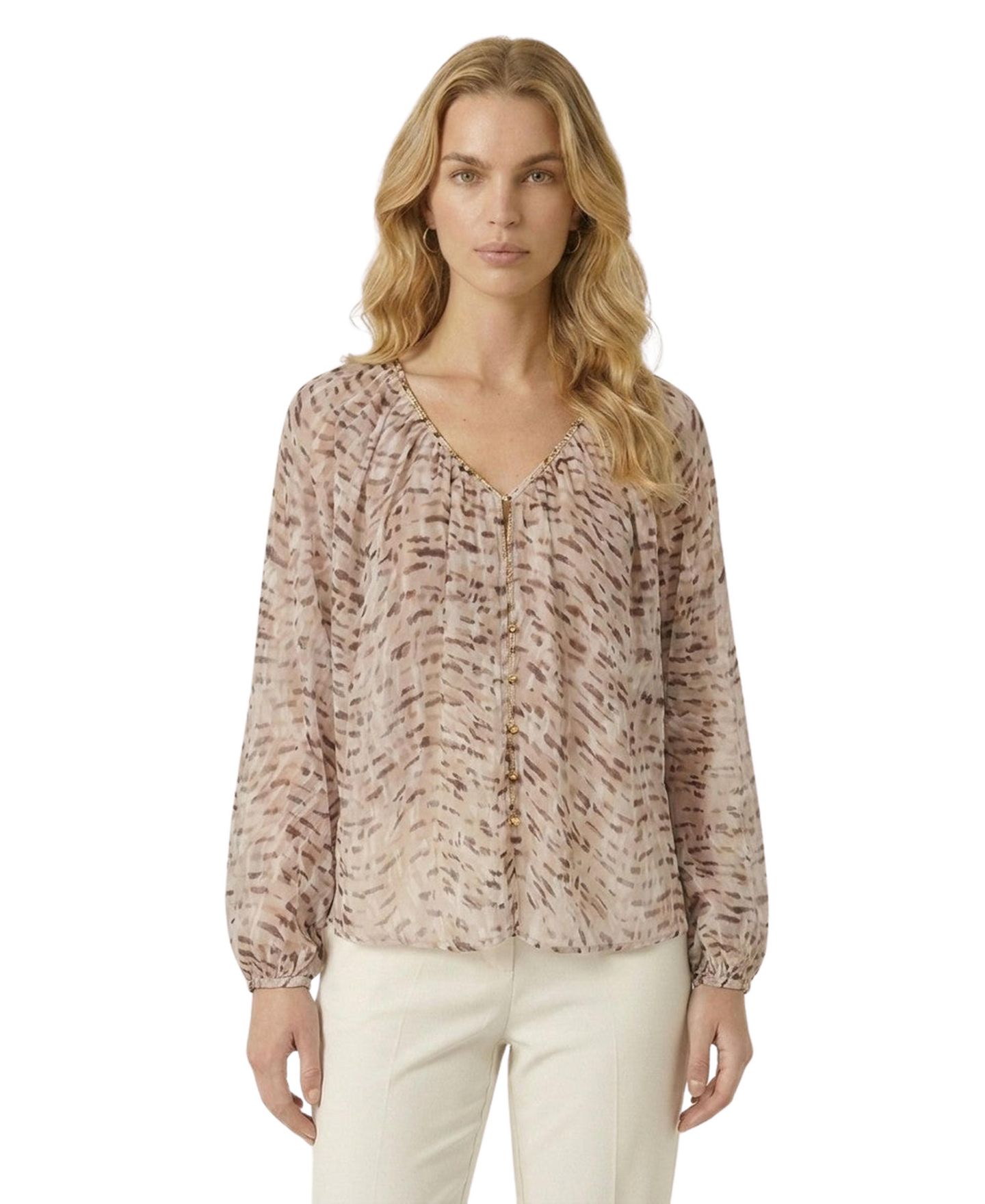 Женская блузка Modenaire Lightweight Patterned Long-Sleeve V-Neck, цвет: Хаки — фото 5