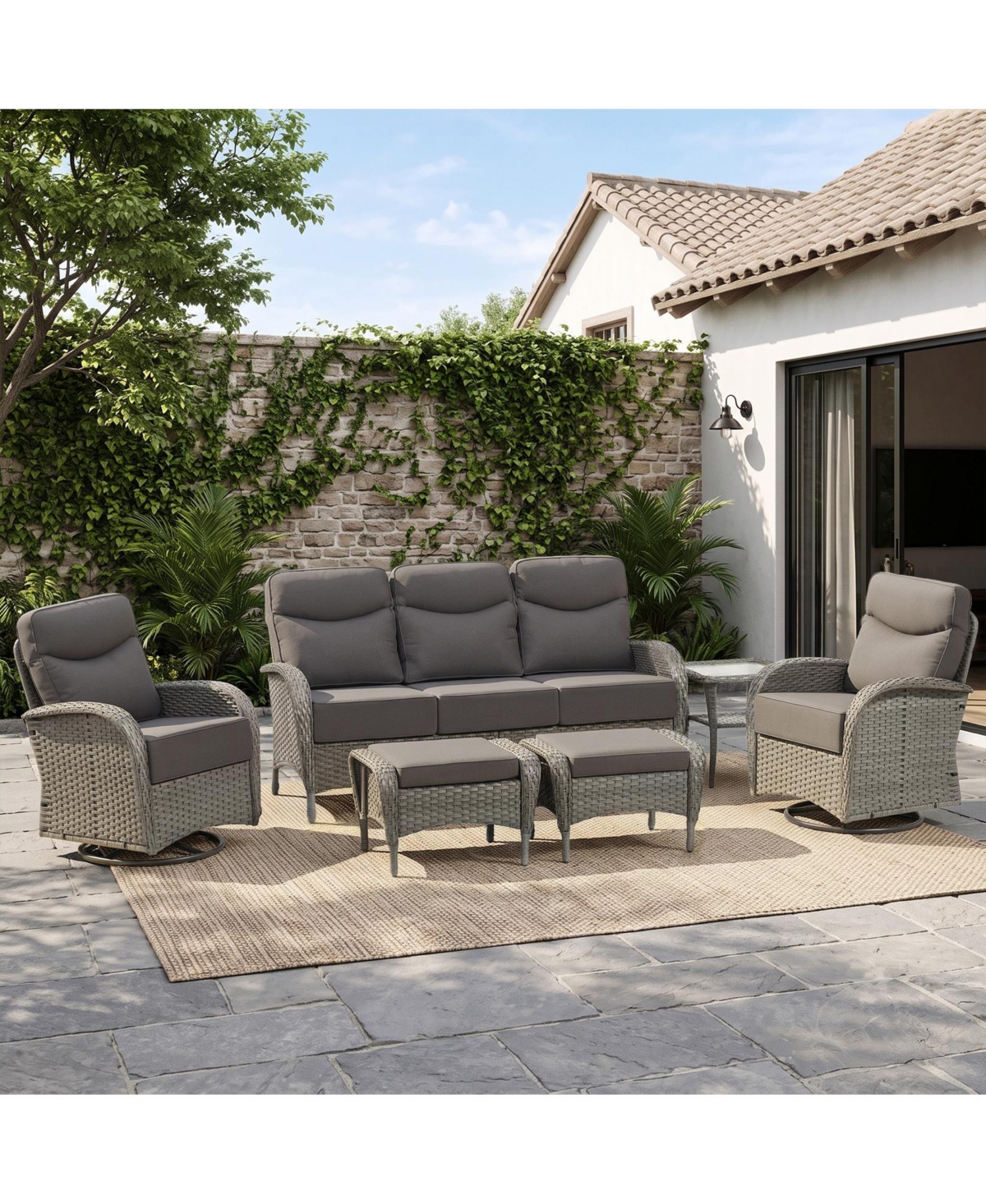 Pocassy 6-Piece Patio Furniture Set with 6in Cushion, All-Weather Wicker Outdoor Conversation Set with Swivel Rocking Chair and 6 Inch Thick Cushions