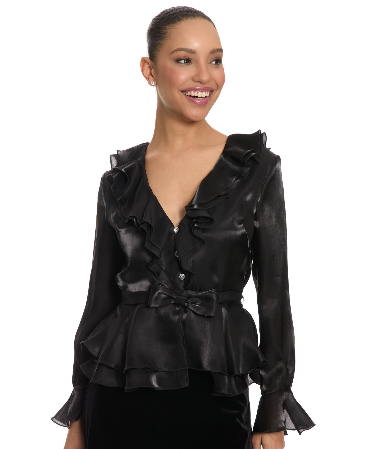 Женская блузка Muse V-Neck Long-Sleeve Ruffle, цвет: Чёрный — фото 1